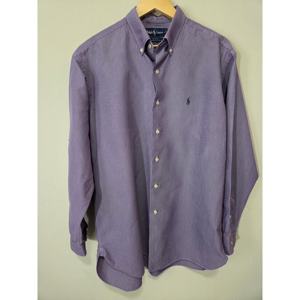 Polo Ralph Lauren McMeel Shirt Mens Large‎ Purple White Stripe Two-Ply Cotton L